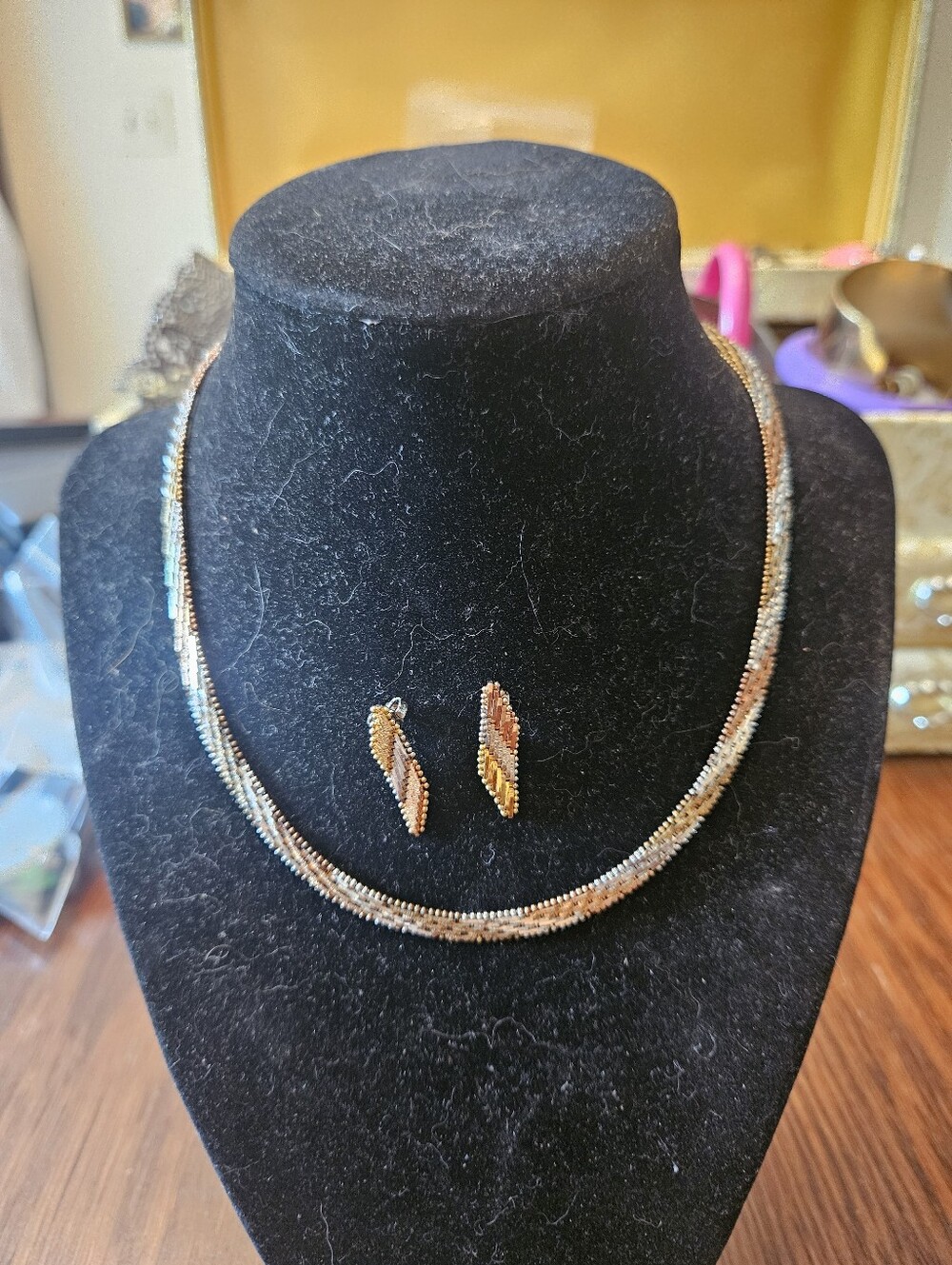 Vgt Tri-Color 925 Sterling Silver Necklace 14" & Post Earrings Set Italy